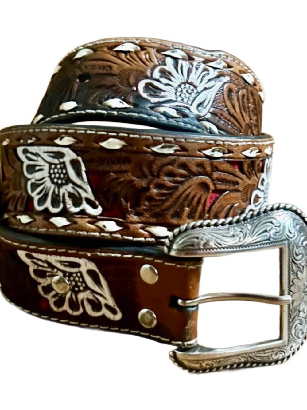 Nocona • Men’s • Size 34 • Leather • Brown/Black/Red• Floral • Hand Tooled Belt